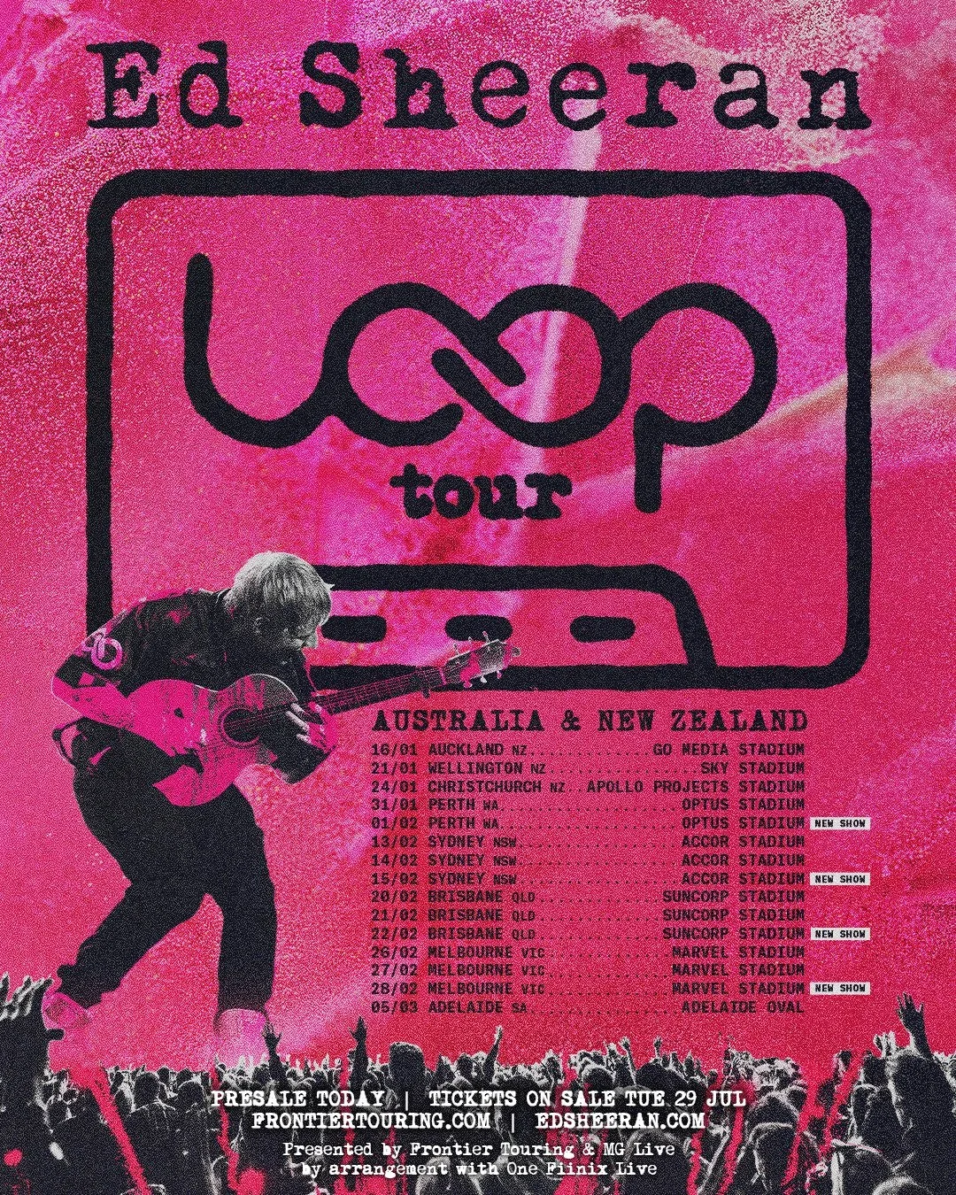 Pink concert poster for Ed Sheeran's 'Loop Tour' in Australia and New Zealand, featuring tour dates, locations, and ticket information, with black silhouettes of a guitarist and a crowd at the bottom.