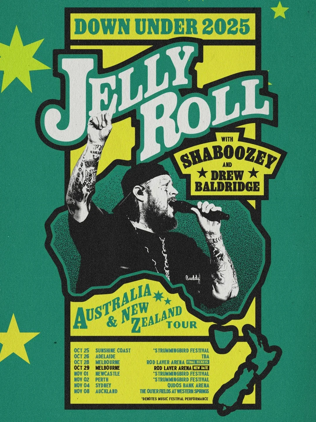 A promotional poster for the Jelly Roll tour in Australia and New Zealand, featuring a man singing into a microphone with a raised fist, surrounded by a green and yellow themed design with stars. The tour includes shows in Sunshine Coast, Adelaide, M
