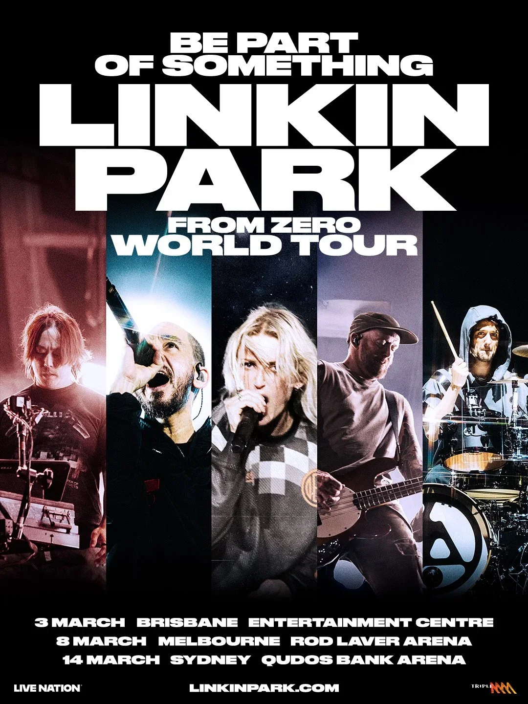 Poster for Linkin Park's 'From Zero' World Tour with photos of five band members performing, event dates in Brisbane, Melbourne, and Sydney, and the band's website.