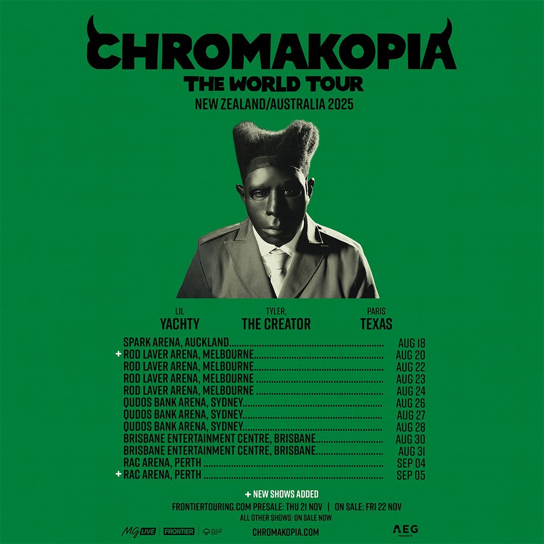 Concert tour poster for Chromakopia, featuring Lil Yachty, Tyler The Creator, and Paris Texas, for their 2025 world tour in New Zealand and Australia. The poster lists tour dates and locations, with a green background and a black-and-white photo of a