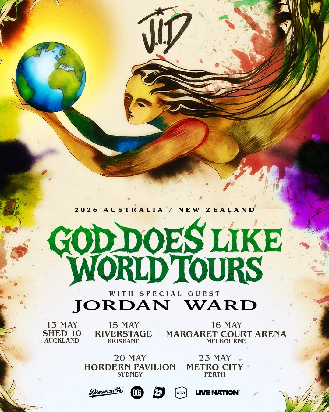 Illustration promoting the 2026 God Does Like World Tours with JID in Australia and New Zealand.
