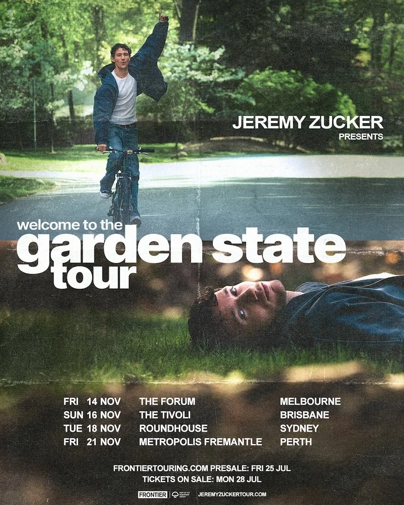 A promotional poster for Jeremy Zucker's Garden State tour featuring a split image of a young man riding a bicycle on a road and another lying on grass, with tour dates and locations listed at the bottom.