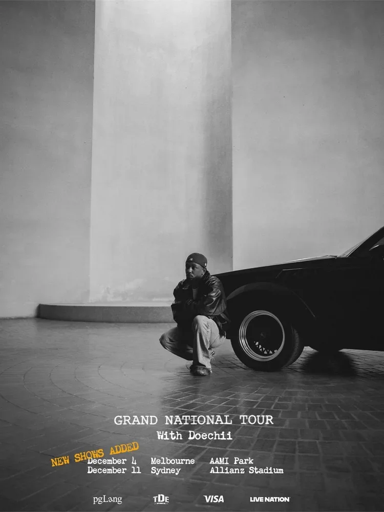 Black and white promotional poster for Kendrick Lamar's GRAND NATIONAL TOUR with Doechii, featuring a person squatting next to a car in front of a minimalist wall, with tour dates and sponsors listed.