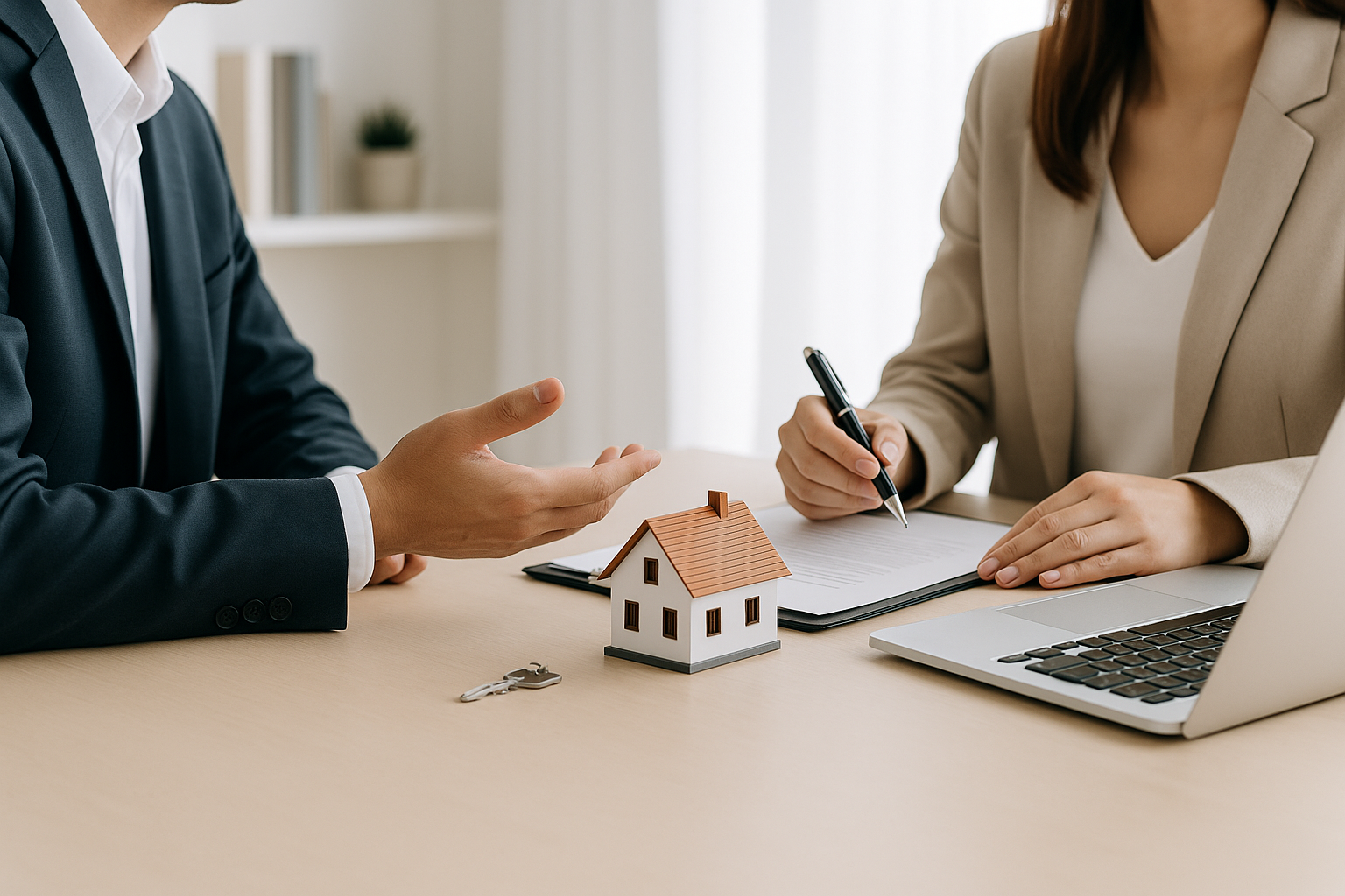 A person in a suit discussing with a woman in a beige blazer at a table with a small house model, keys, a laptop, and a clipboard, likely during a home buying or real estate consultation.