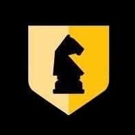 Silhouette of a knight chess piece on a shield divided into yellow and black sections.