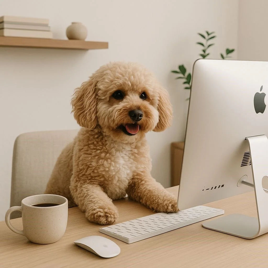 A cute curly-haired dog sitting at a desk with a computer, a cup of coffee, and a mouse, in a minimalist home office setting.