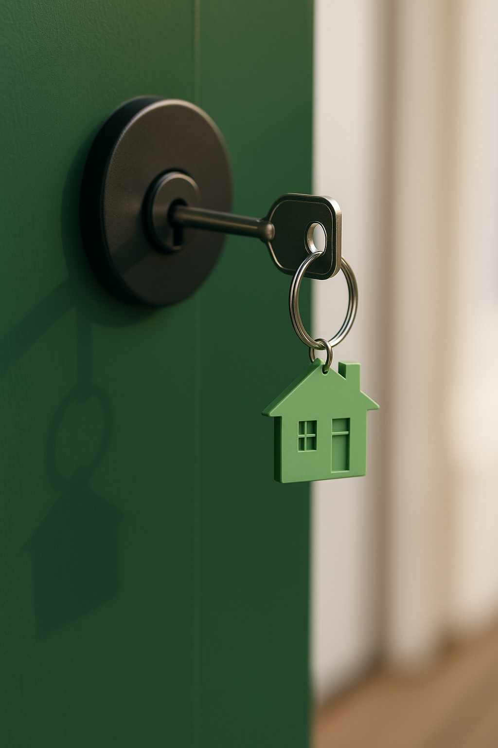 A key with a house-shaped keychain hanging from a door lock. The door is green.