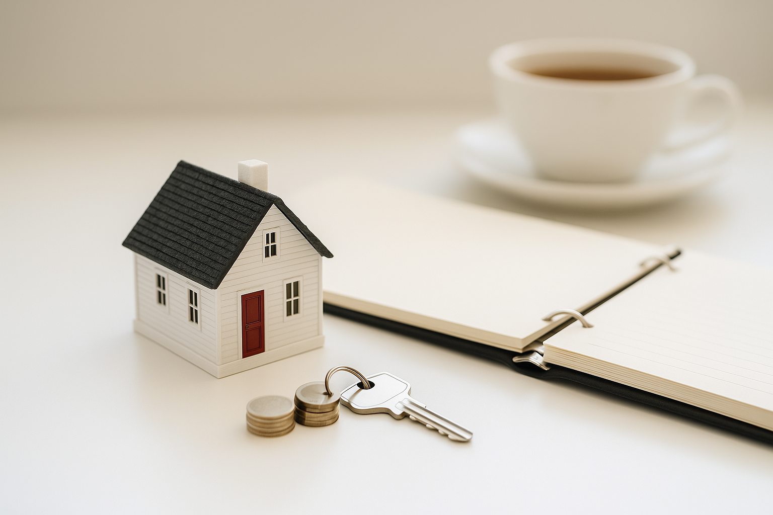 Model house, coins on a keyring, a key, an open notebook, and a cup of coffee on a white surface.