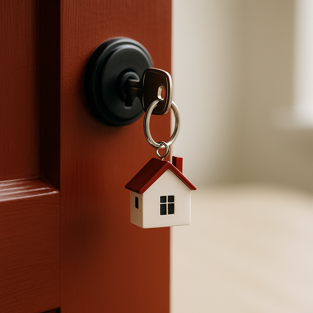 Key with house-shaped keychain inserted into door lock.