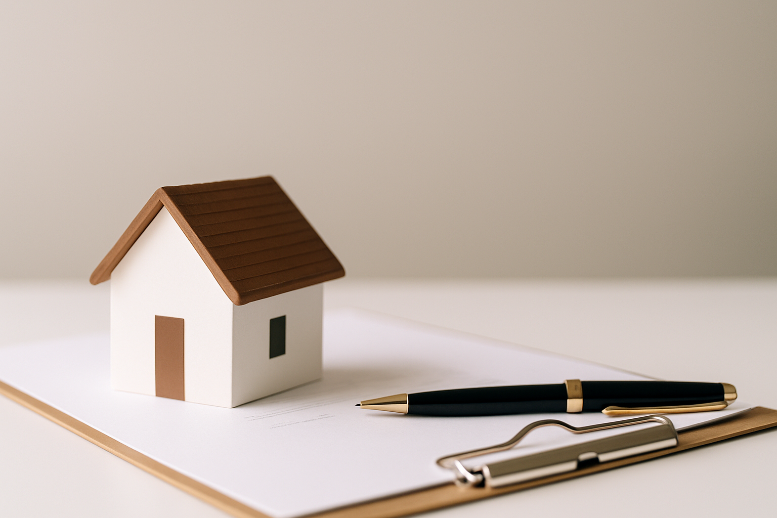 A small model house with white walls and a brown roof rest on a clipboard with a black pen placed beside it.
