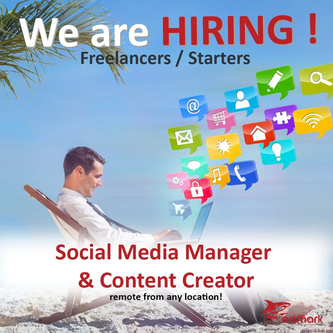 A beach scene with a smiling man in business attire sitting in a lounge chair on sand. Above him, colorful icons representing social media, communication, and digital tools are floating, including symbols for email, messaging, light bulb, lock, and social network. Text on the image states 'We are HIRING! Freelancers / Starters' and 'Social Media Manager & Content Creator remote from any location!'. The logo 'RedFrosch' is at the bottom right corner.