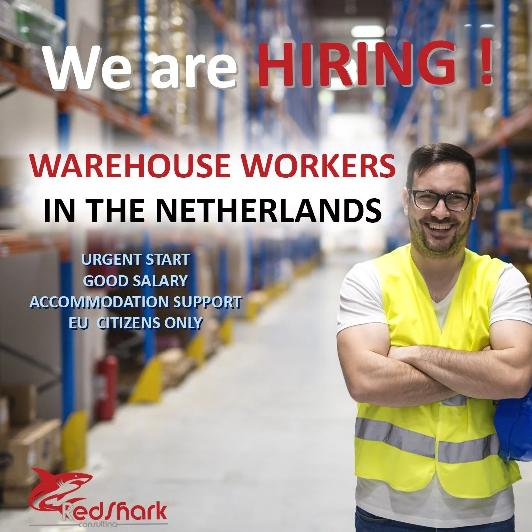 A recruitment poster showing a smiling man in a warehouse, wearing a yellow safety vest, with text announcing a job opening for warehouse workers in the Netherlands, offering urgent start, good salary, and accommodation support for EU citizens.