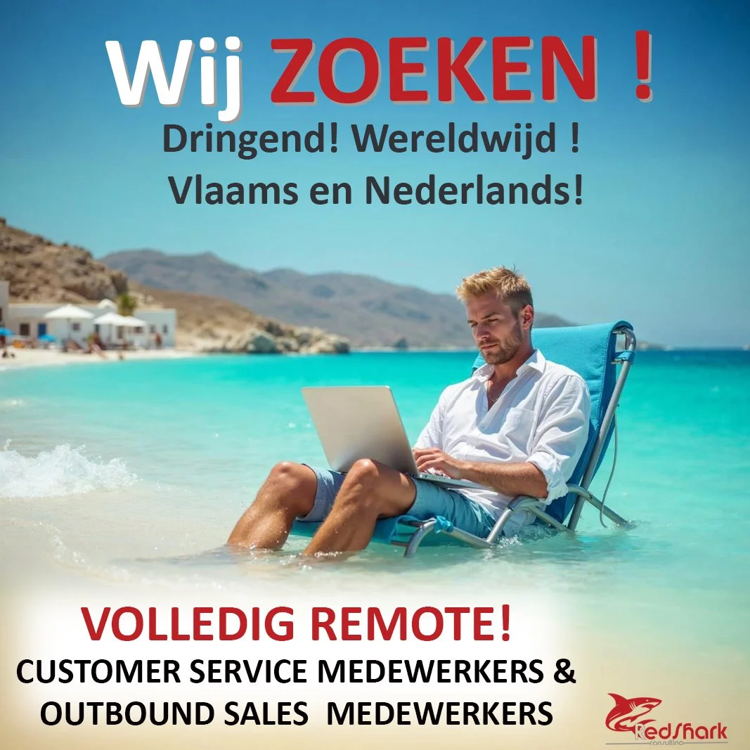 A man working on a laptop while sitting in a beach chair in the shallow ocean water with a scenic seaside landscape in the background, promoting remote work opportunities for customer service and outbound sales staff.