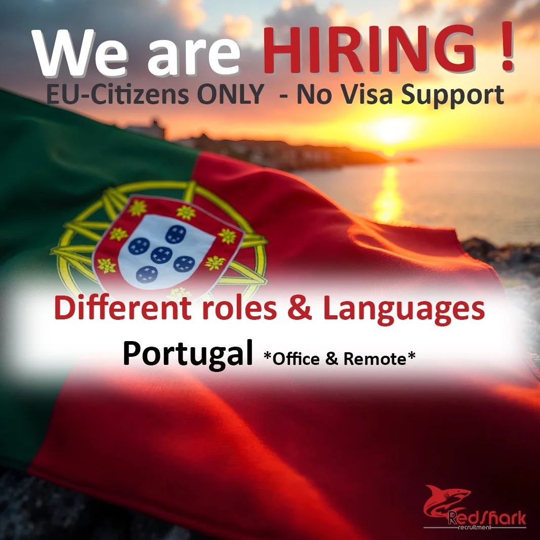 A sunset over the ocean with a Portuguese flag in the foreground, advertising job openings in Portugal for EU citizens only, with no visa support, featuring text about roles and languages, and the RedFark Recruitment logo.