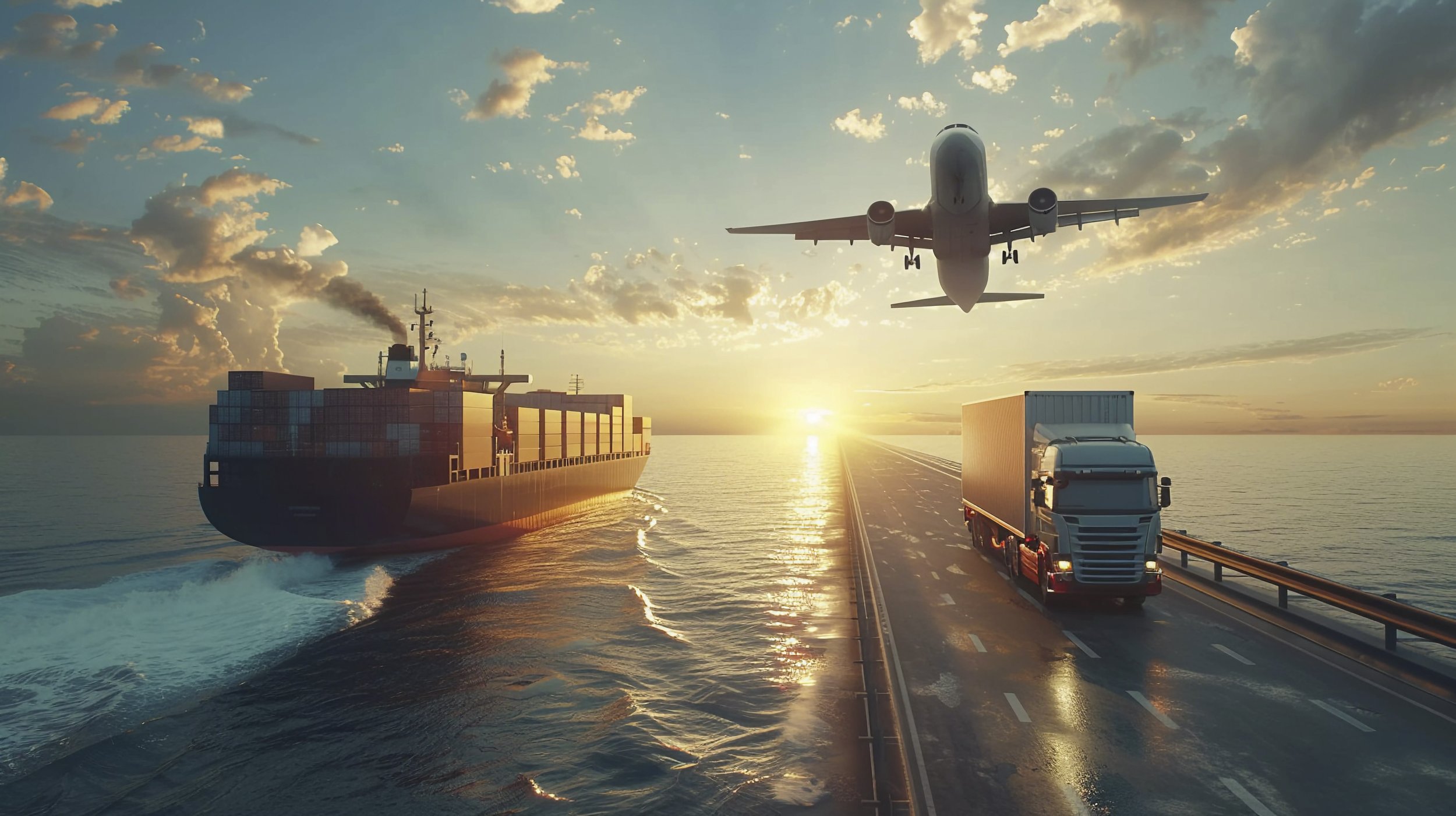 A large cargo ship, an airplane flying overhead, and a semi-truck on a bridge over the water at sunset.