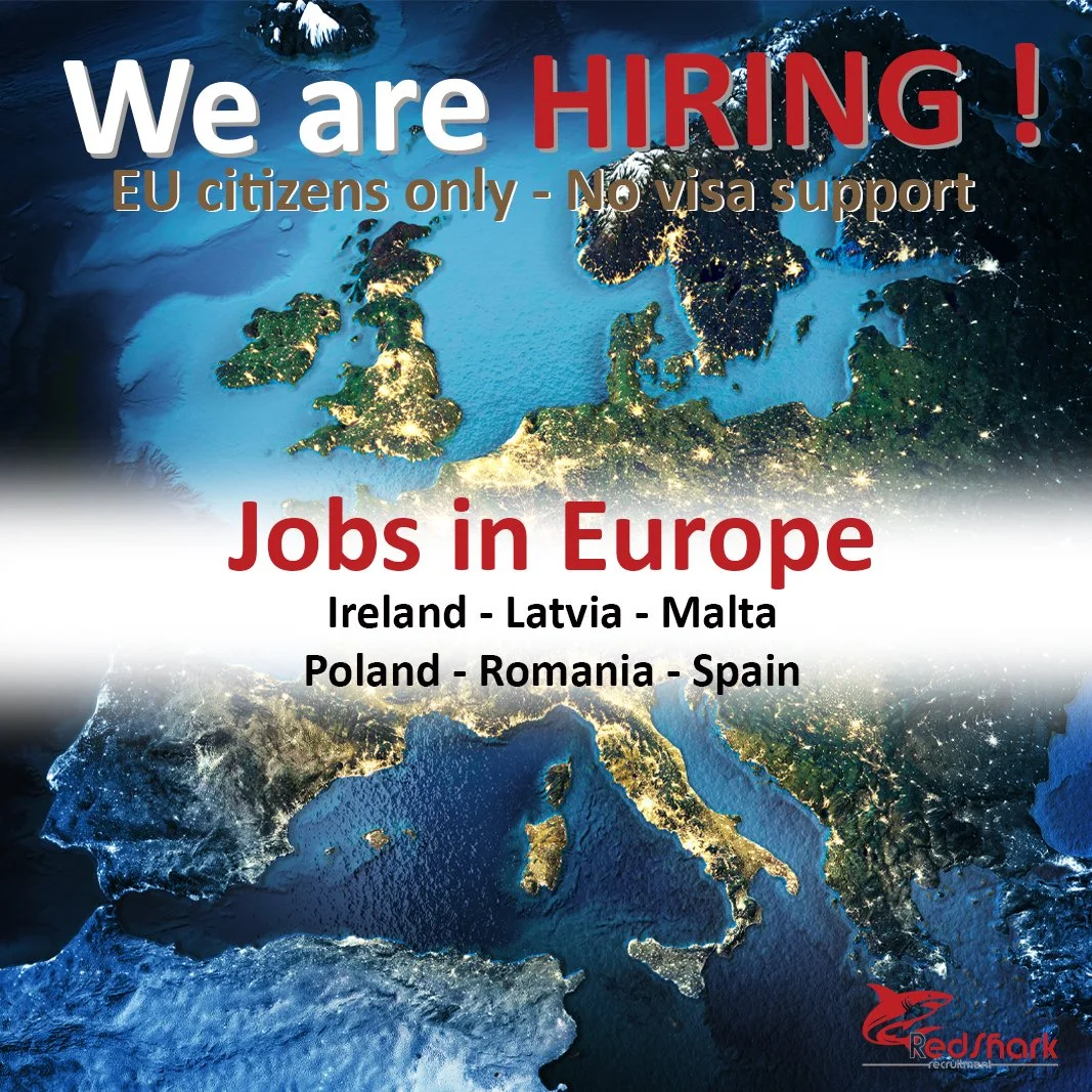 Map of Europe at night with illuminated regions. Text overlay with job hiring announcement for European positions, specifying EU citizens only, no visa support, and listing countries Ireland, Latvia, Malta, Poland, Romania, and Spain. Logo in the bottom right corner.