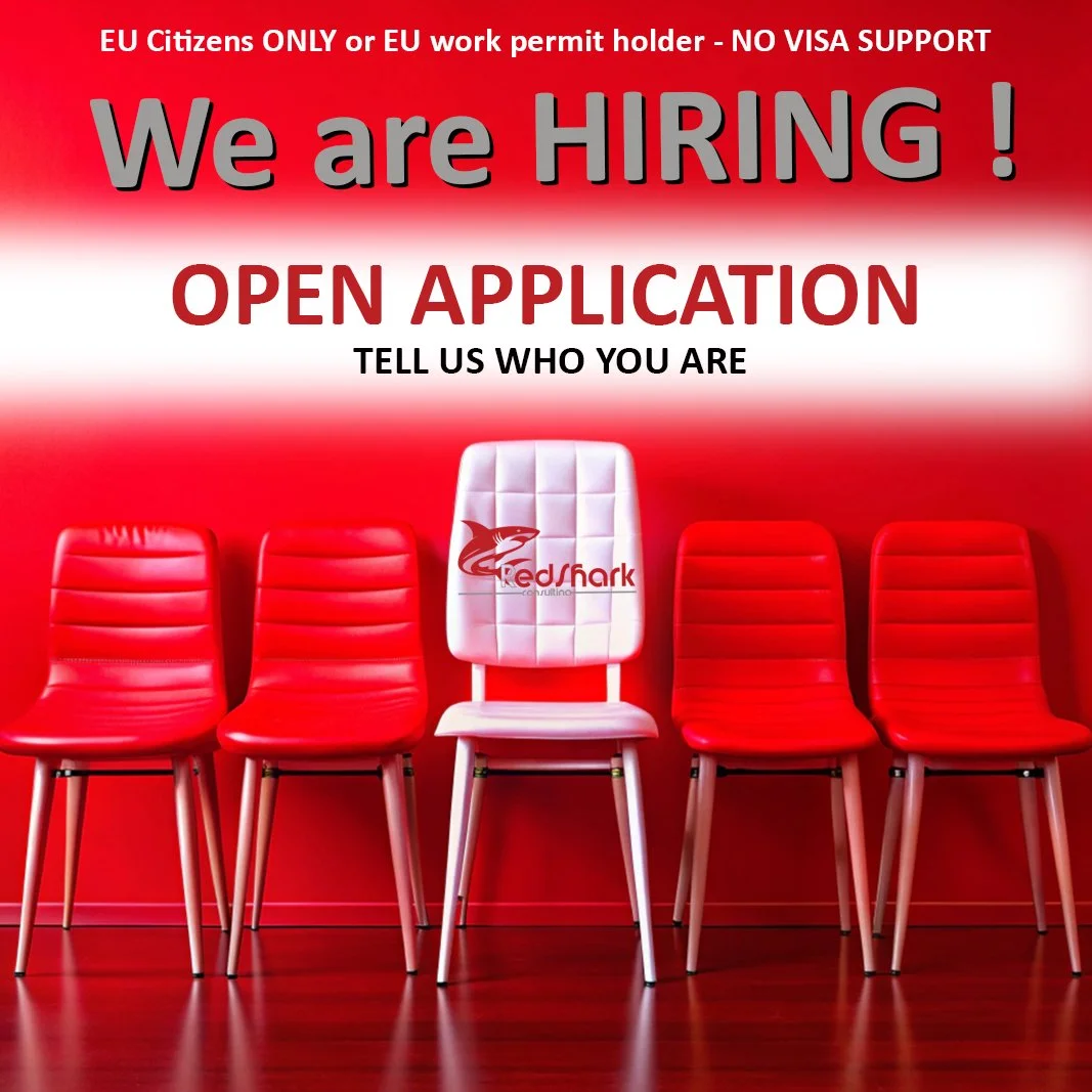 Red and white hiring sign with five chairs, four red and one white, in front of a red background. The sign says: 'EU Citizens ONLY or EU work permit holder - NO VISA SUPPORT. We are HIRING! OPEN APPLICATION. TELL US WHO YOU ARE.'
