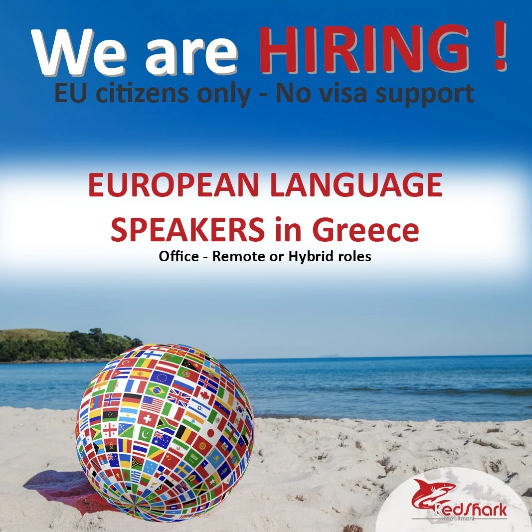 A beach scene with sand, water, and a distant landmass, featuring a globe covered in international flags and text announcing job openings for European language speakers in Greece, limited to EU citizens without visa support.