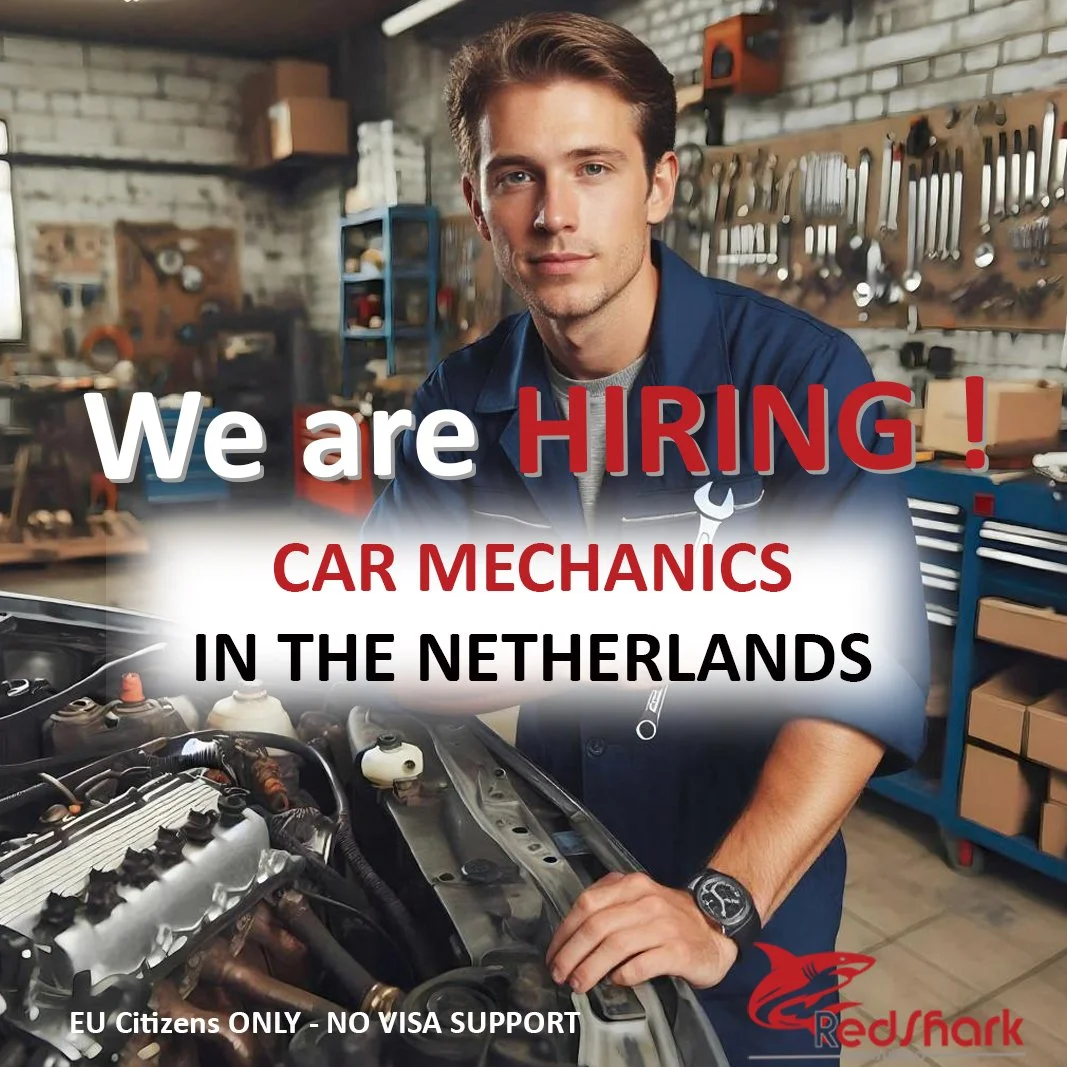 A young man in a mechanic's uniform standing in a workshop with a car engine. Overlaid text reads, 'We are HIRING! CAR MECHANICS IN THE NETHERLANDS.' The bottom left corner notes, 'EU Citizens ONLY - NO VISA SUPPORT.' The bottom right corner features the RedShark logo.