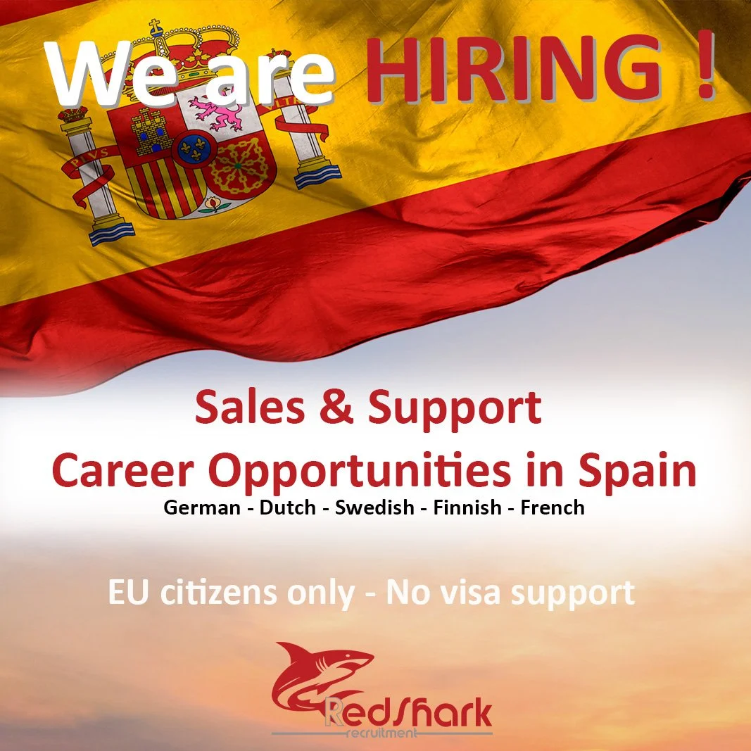 A Spanish flag with the text 'We are HIRING! Sales & Support Career Opportunities in Spain' and a subtitle indicating vacancy for EU citizens only, no visa support, with the RedShark Recruitment logo at the bottom.