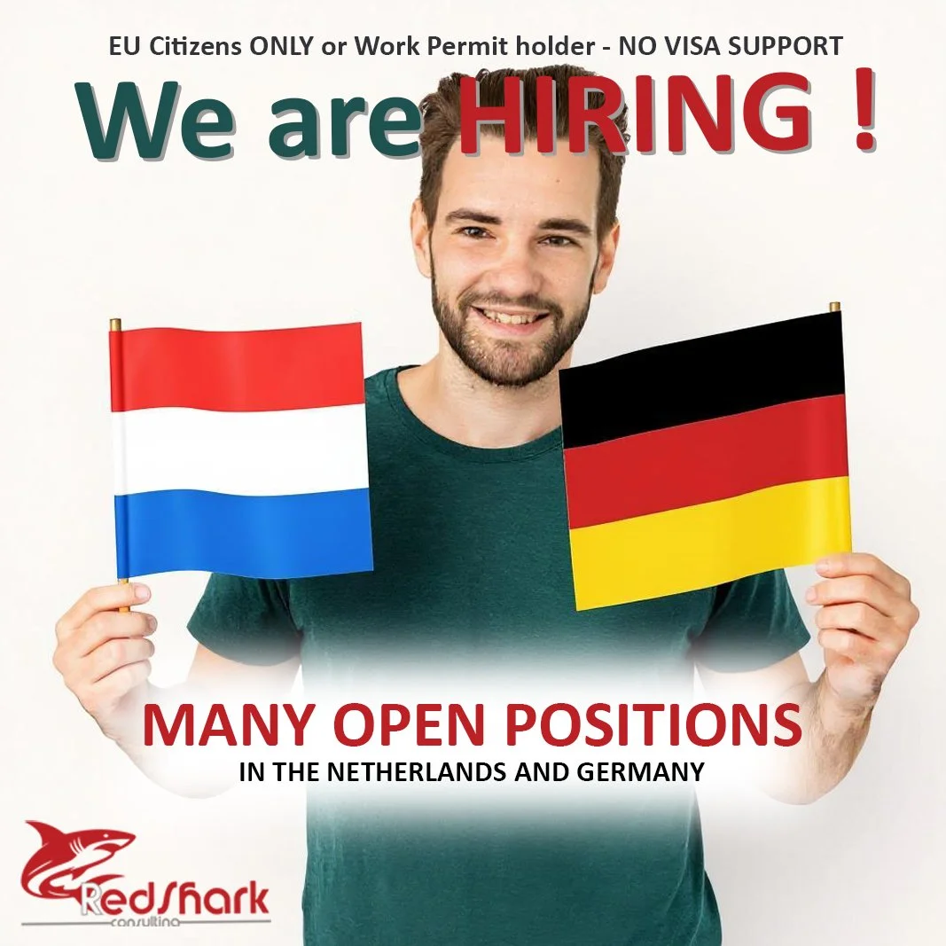 A smiling man holding small Dutch and German flags, with text indicating they are hiring for multiple positions in the Netherlands and Germany, for EU citizens or work permit holders, by Redshark Consulting.
