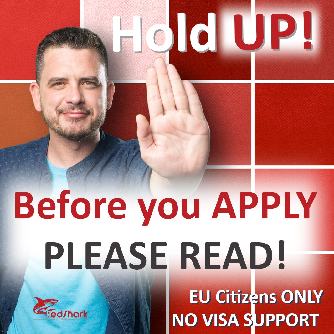 A man with a beard and short hair holding his hand up in a stop gesture, with bold text that reads 'Hold UP! Before you APPLY PLEASE READ! EU Citizens ONLY. NO VISA SUPPORT'.