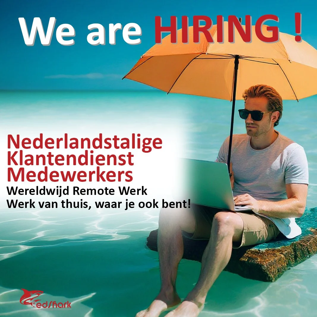 A man sitting on a piece of wood in the water, working on a laptop, holding an orange umbrella, with the sea and sky in the background, overlaid with text in Dutch and English announcing a remote work opportunity.