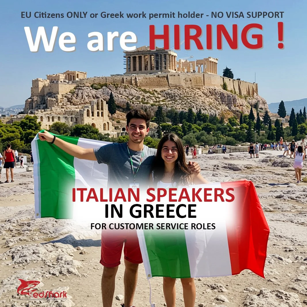 A man and woman smiling and holding an Italian flag, standing in front of the Parthenon in Greece with a recruitment message overlaid.
