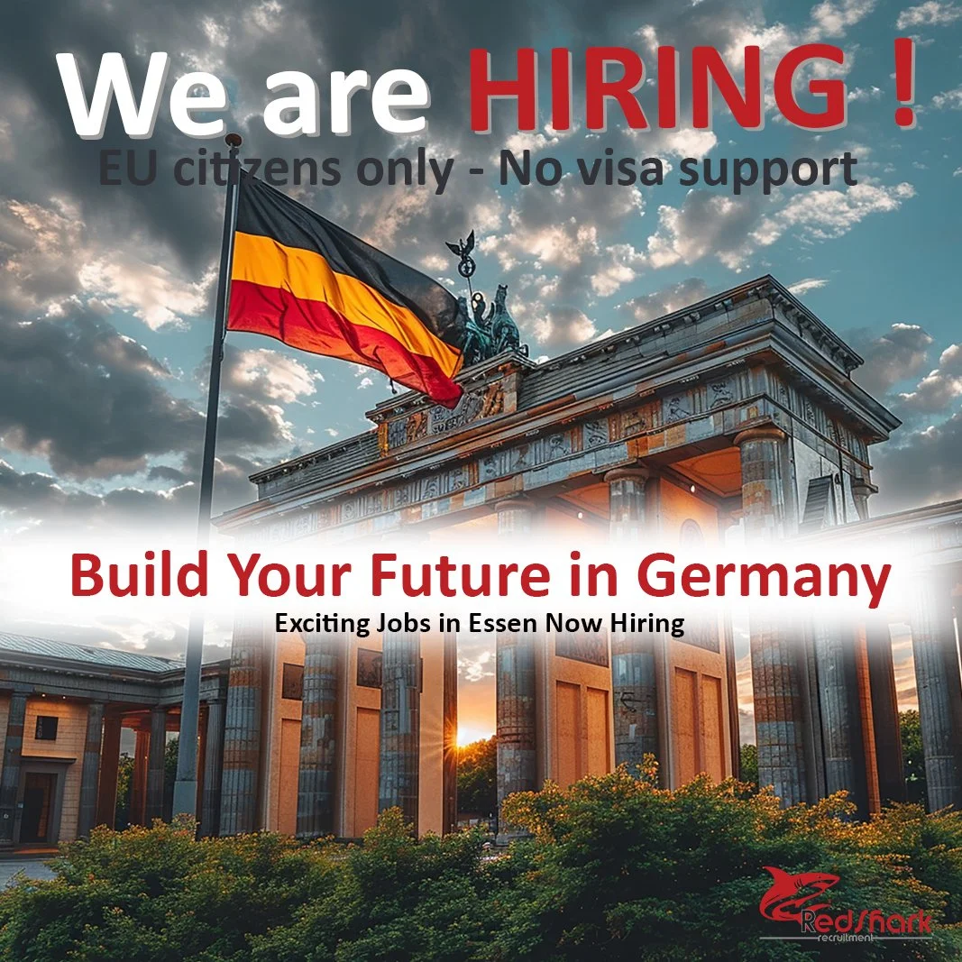 Berlin's Brandenburg Gate with a German flag, promoting job recruitment for EU citizens to build careers in Germany, with text emphasizing 'We are hiring! Build your future in Germany' and 'Exciting jobs in Essen now hiring'.