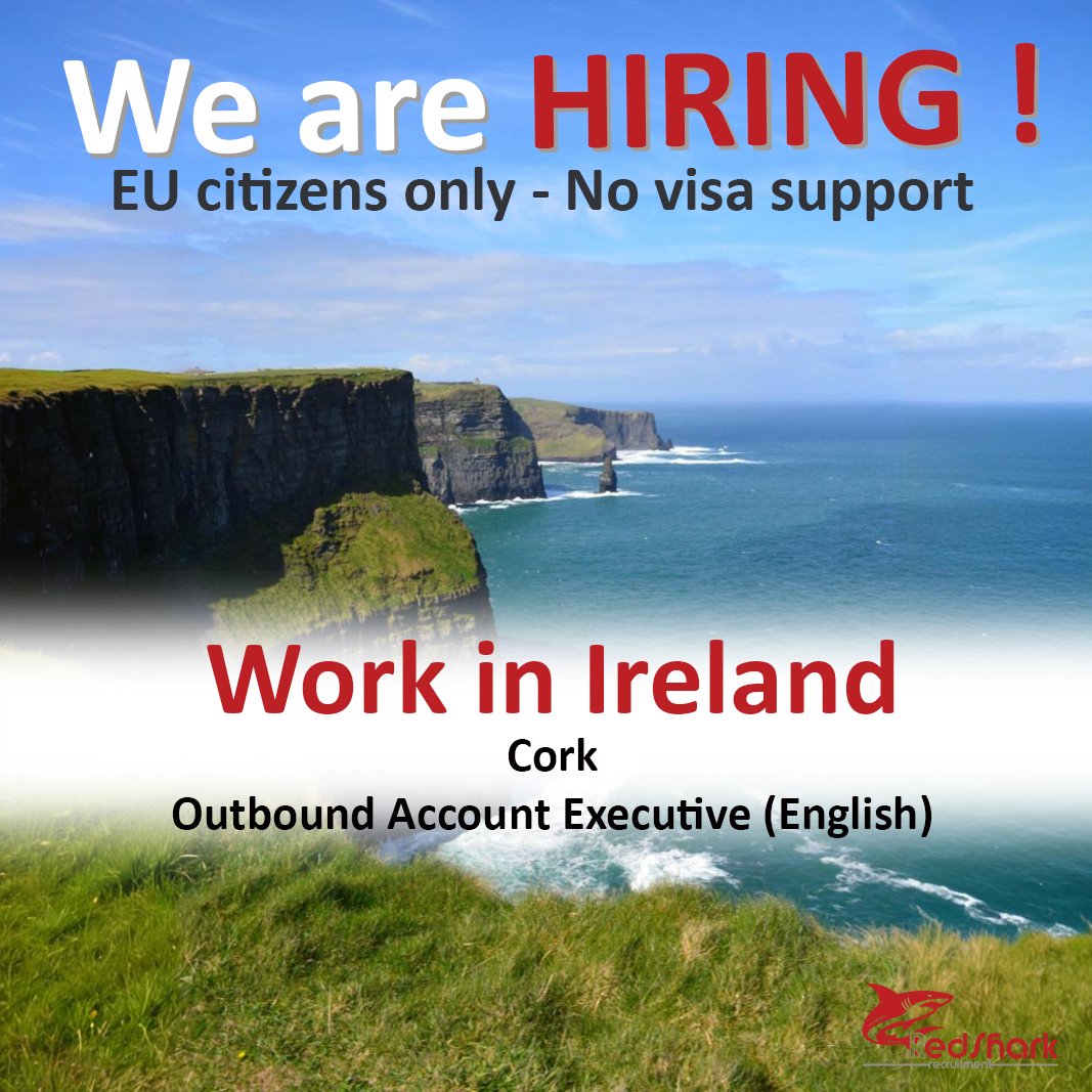 A scenic view of the Cliffs of Moher in Ireland with text overlay announcing a hiring for an outbound account executive position, specifying it's for EU citizens only and no visa support, with the company logo of Red Shark in the bottom right corner.