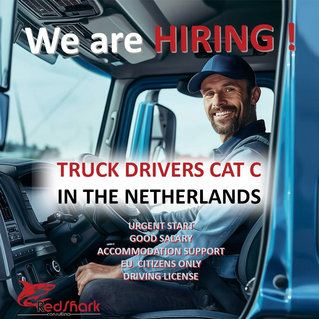 A smiling truck driver sitting in the cab of a blue truck, wearing a cap. The image contains text advertising a truck driver job opening in the Netherlands, offering urgent start, good salary, and accommodation support for EU citizens with a driving license. The logo of RedShark Consulting is at the bottom left corner.