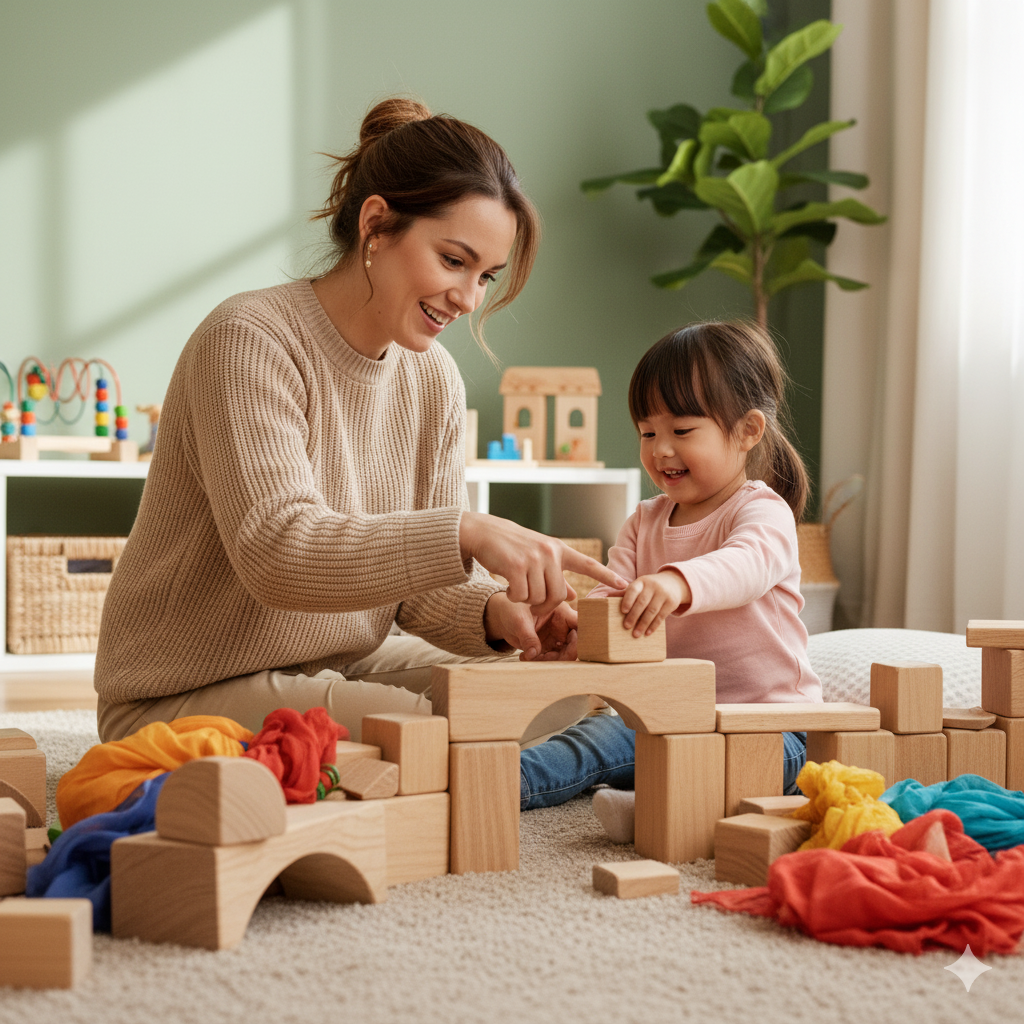 A woman and a young girl playing with wooden building blocks on a beige carpeted floor in a cozy, well-lit room with green walls, a plant, and toys in the background.