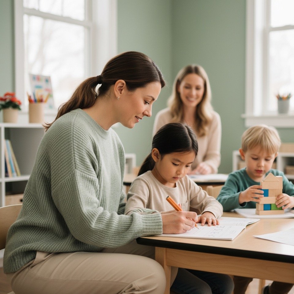 Two women and two children sitting at a table in a classroom; the woman in the green sweater is helping a girl with her schoolwork, while the boy plays with building blocks in the background.