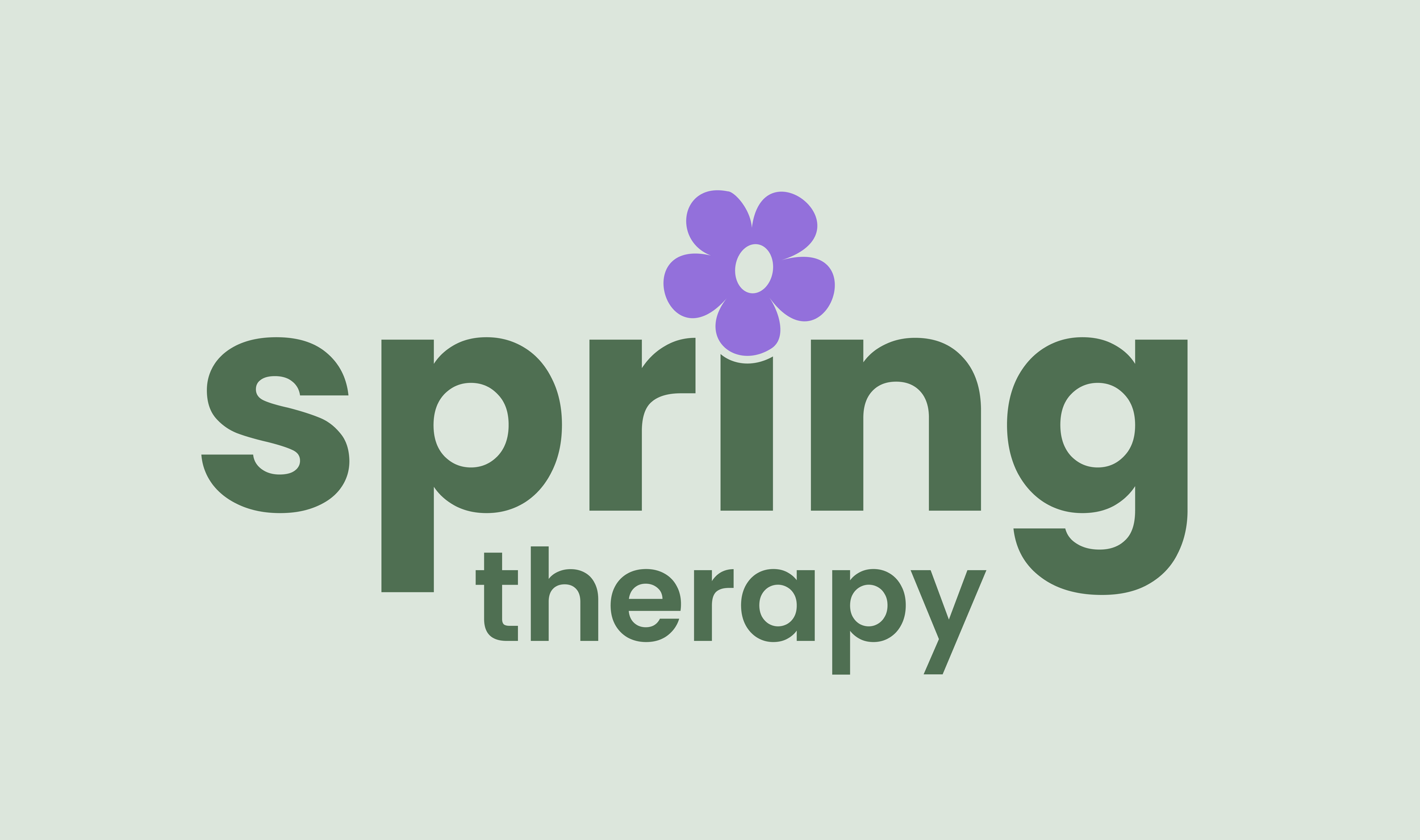 Spring therapy text with a purple flower above the letter 'i' on a light green background.