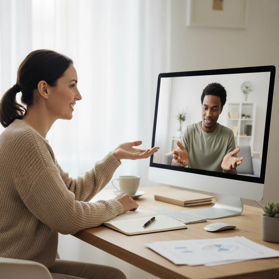 A woman talking to a man on a video call on her computer, sitting at a desk with a notebook, pen, a cup, and some papers.