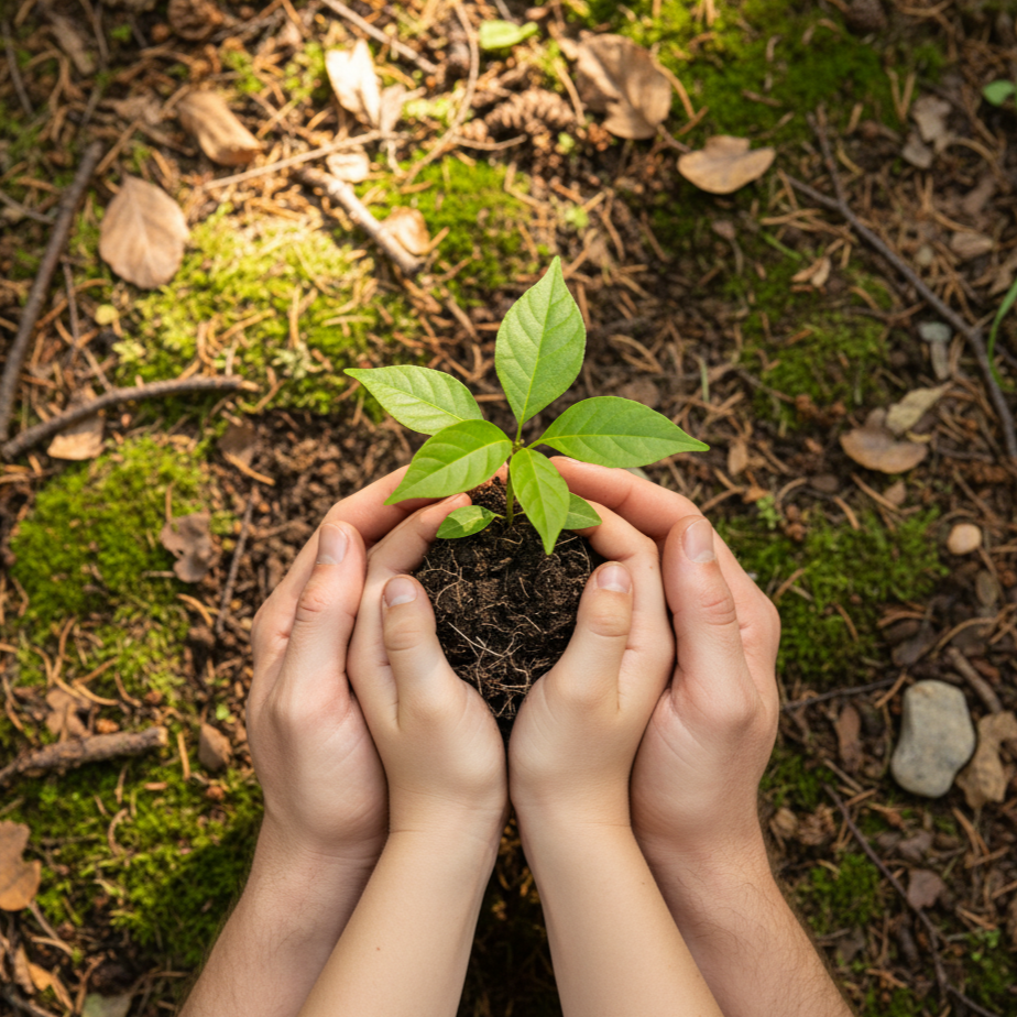 Two pairs of hands holding a small green plant with roots, growing in soil, on a forest floor with moss, leaves, and twigs.