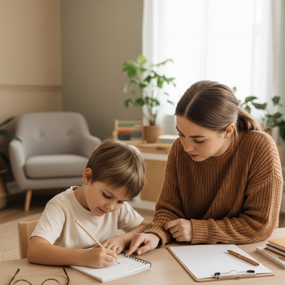 A woman helping a young boy with homework at a wooden table in a well-lit room with a plant, couch, and books in the background.