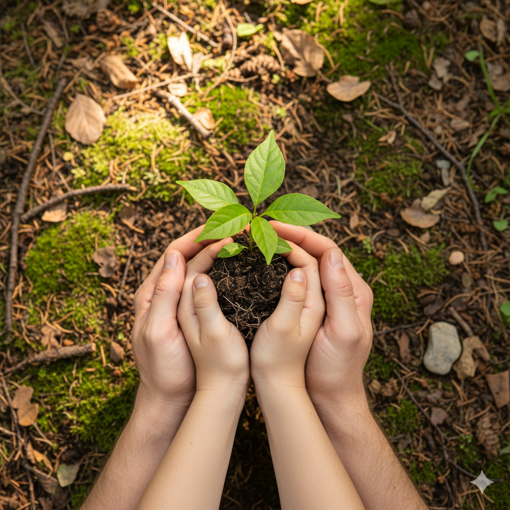 Two hands holding a small green seedling with roots in soil, on a forest floor with moss, dried leaves, twigs, and small rocks.
