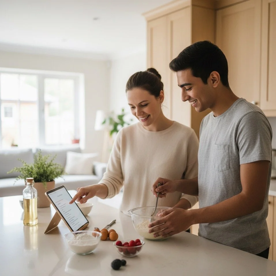 A young man and woman baking together in a bright kitchen, both smiling as they mix ingredients in bowls on the counter.