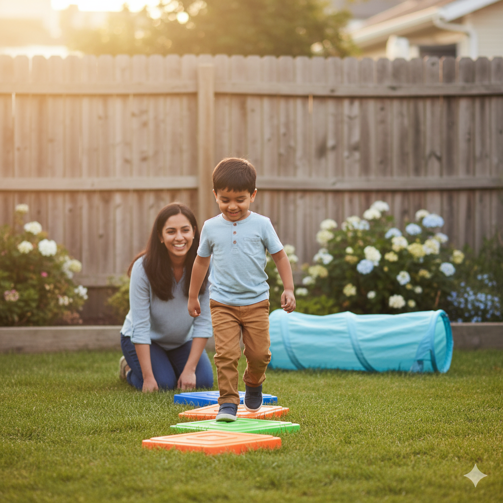 A young boy is hopping on colorful skipping stones in a backyard, with a smiling woman kneeling behind him. There are blooming white flowers, a wooden fence, and a blue tunnel toy in the background, all bathed in warm sunlight.