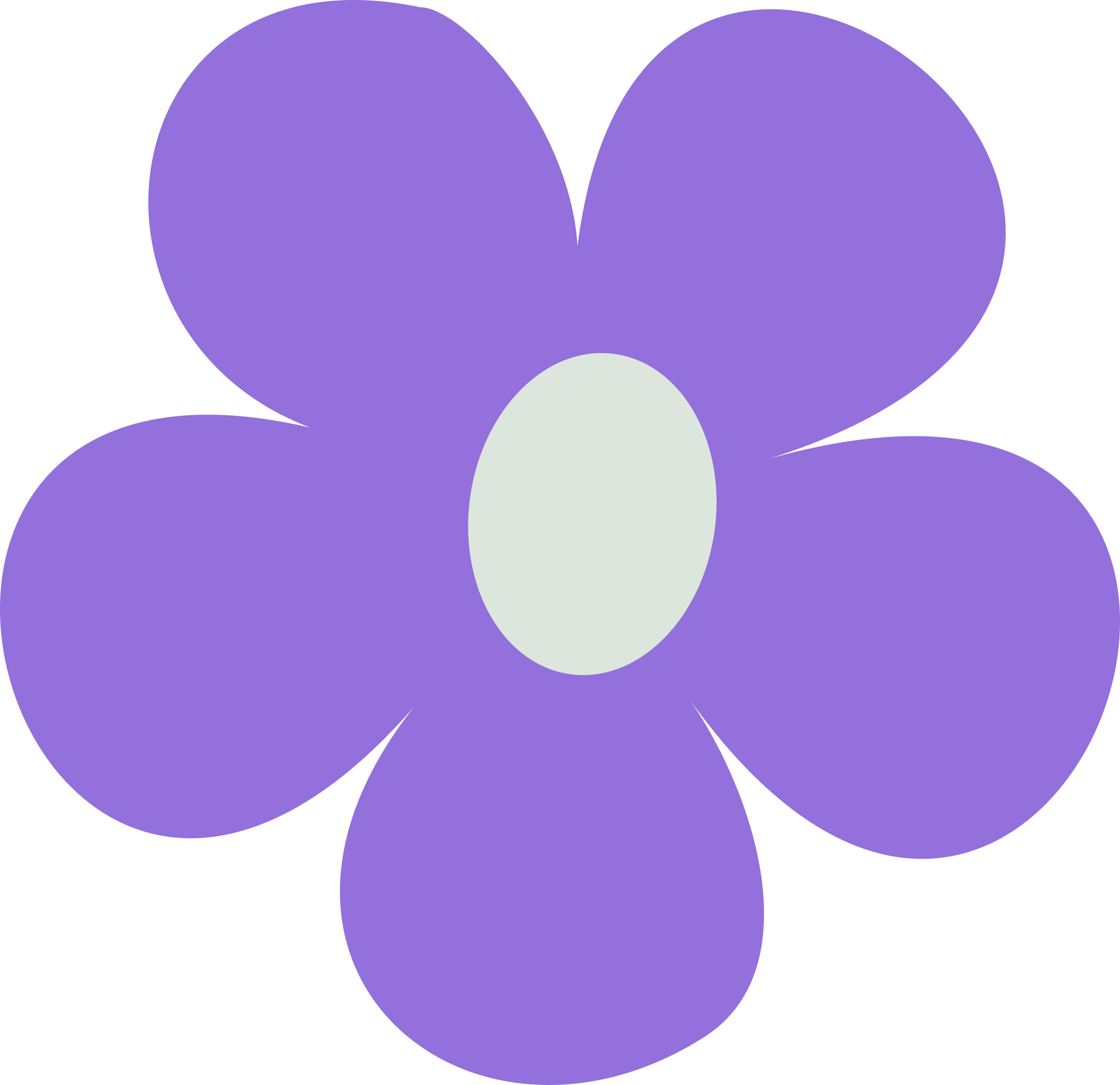 A stylized purple flower with five petals and a white center.