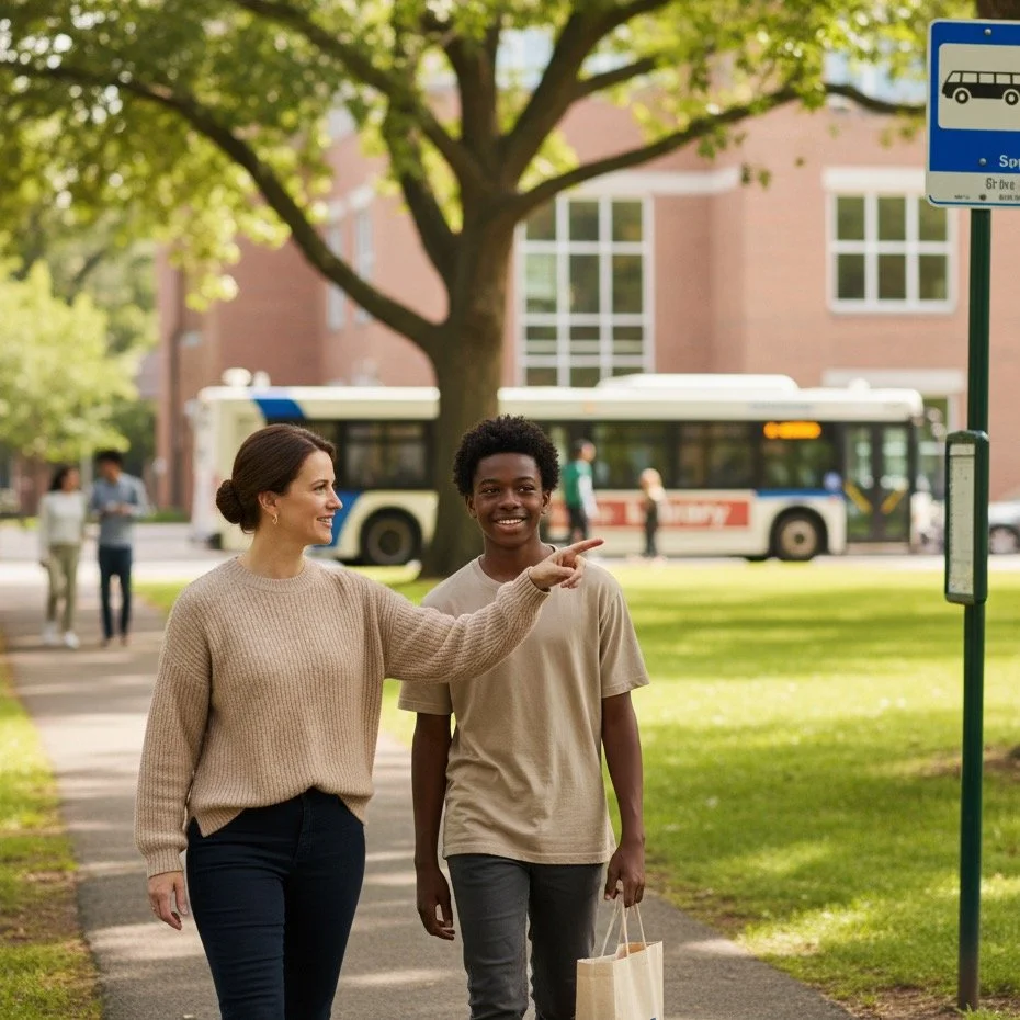 A woman and a teenage boy walking on a sidewalk in a park. The woman is pointing at something as they smile. A bus drives by in the background, and other people are walking outside.