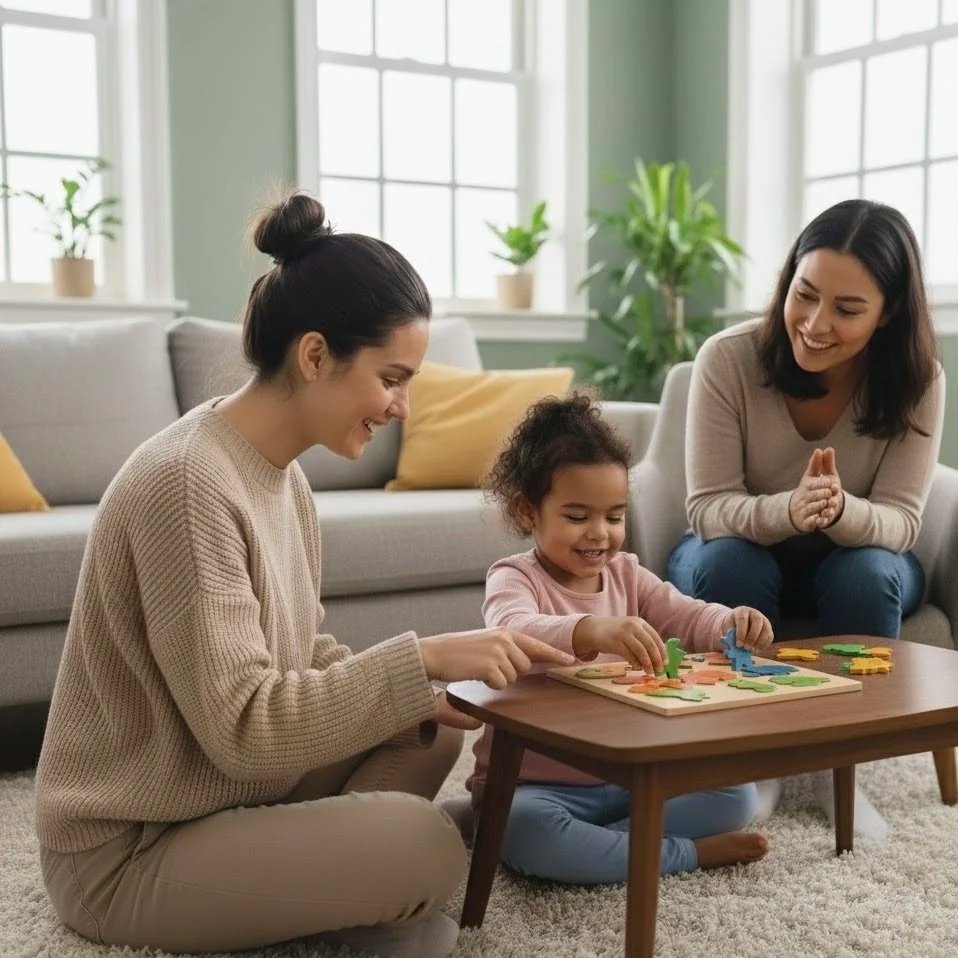 A young girl playing a colorful puzzle game with two adult women in a bright living room with large windows and potted plants, all smiling and enjoying their time together.