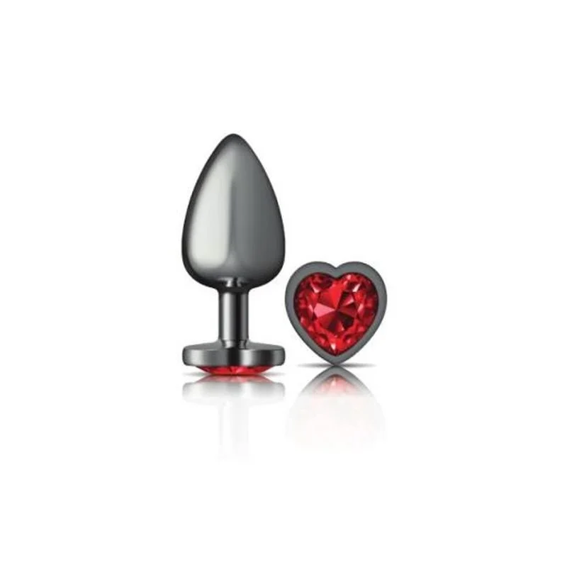 Cheeky Charms Gunmetal Butt Plug w Heart Red Jewel Large - Gun Metal