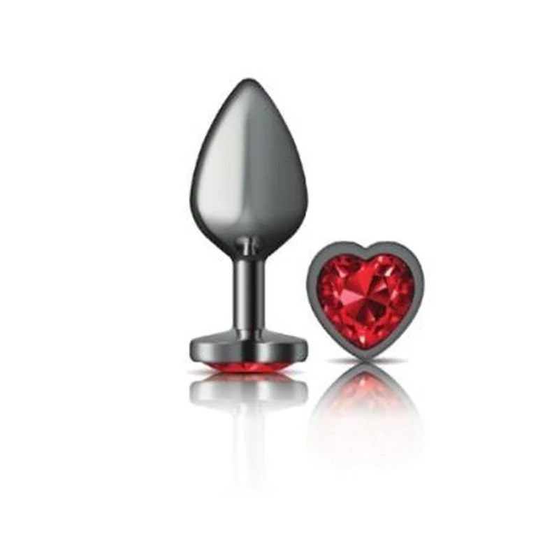 Cheeky Charms Gunmetal Butt Plug w Heart Red Jewel Medium - Gun Metal
