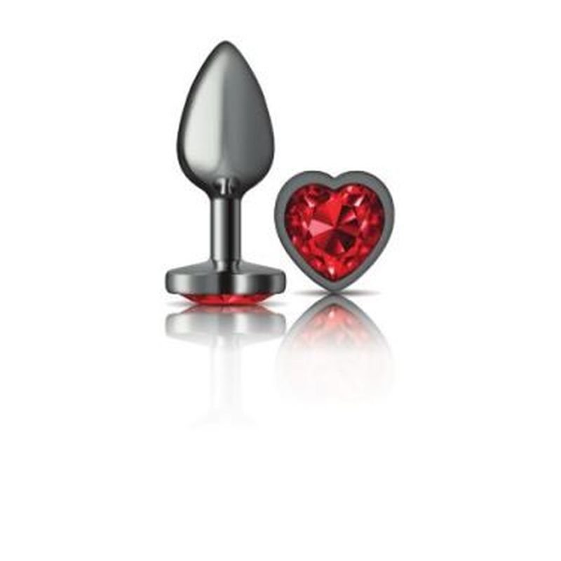 Cheeky Charms Gunmetal Butt Plug w Heart Red Jewel Small - Gun Metal