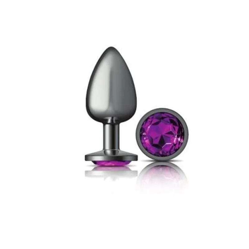 Cheeky Charms Round Butt Plug w Purple Jewel Large - Gun Metal