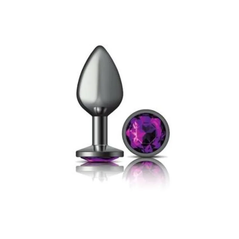 Cheeky Charms Round Butt Plug w Purple Jewel Medium - Gun Metal