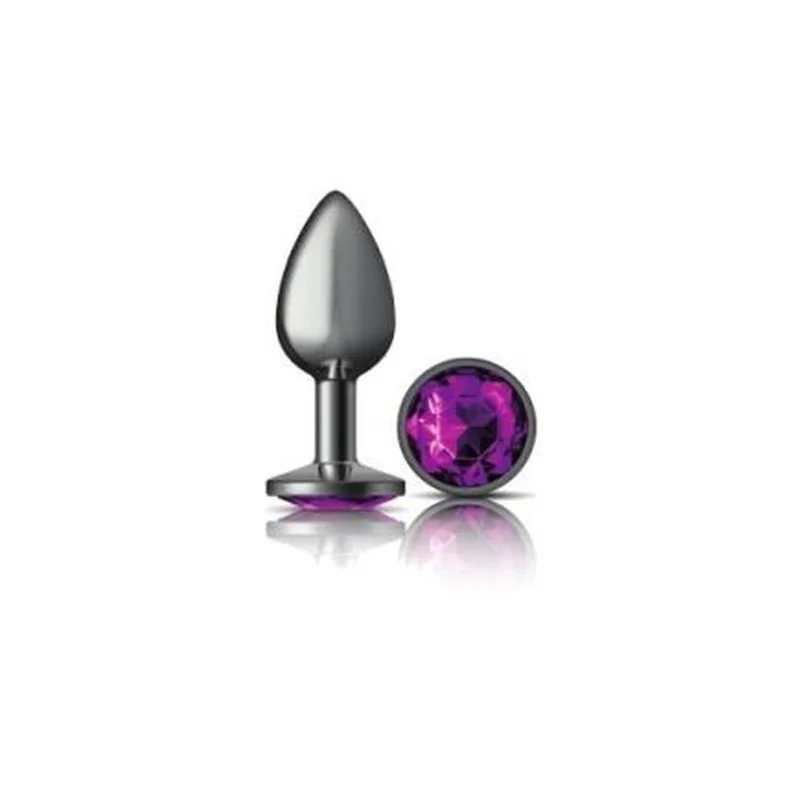 Cheeky Charms Round Butt Plug w Purple Jewel Small - Gun Metal
