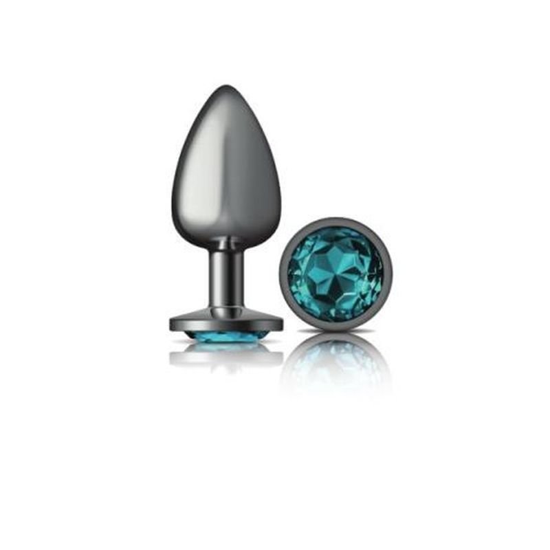 Cheeky Charms Round Butt Plug w Teal Jewel Large - Gun Metal
